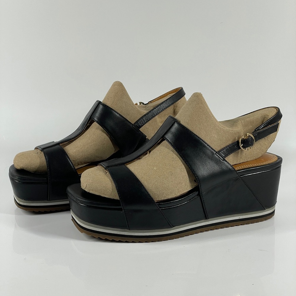 sz 7.5 Bill Blass Ursula Black Leather Platform Wedge Sandals Ankle Strap
